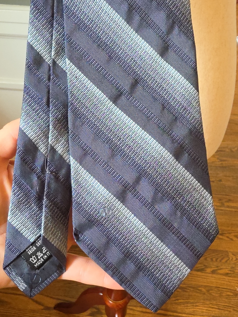 Valentino Cravatte Classic Striped Men’s Neck Tie in Navy and Light Gray